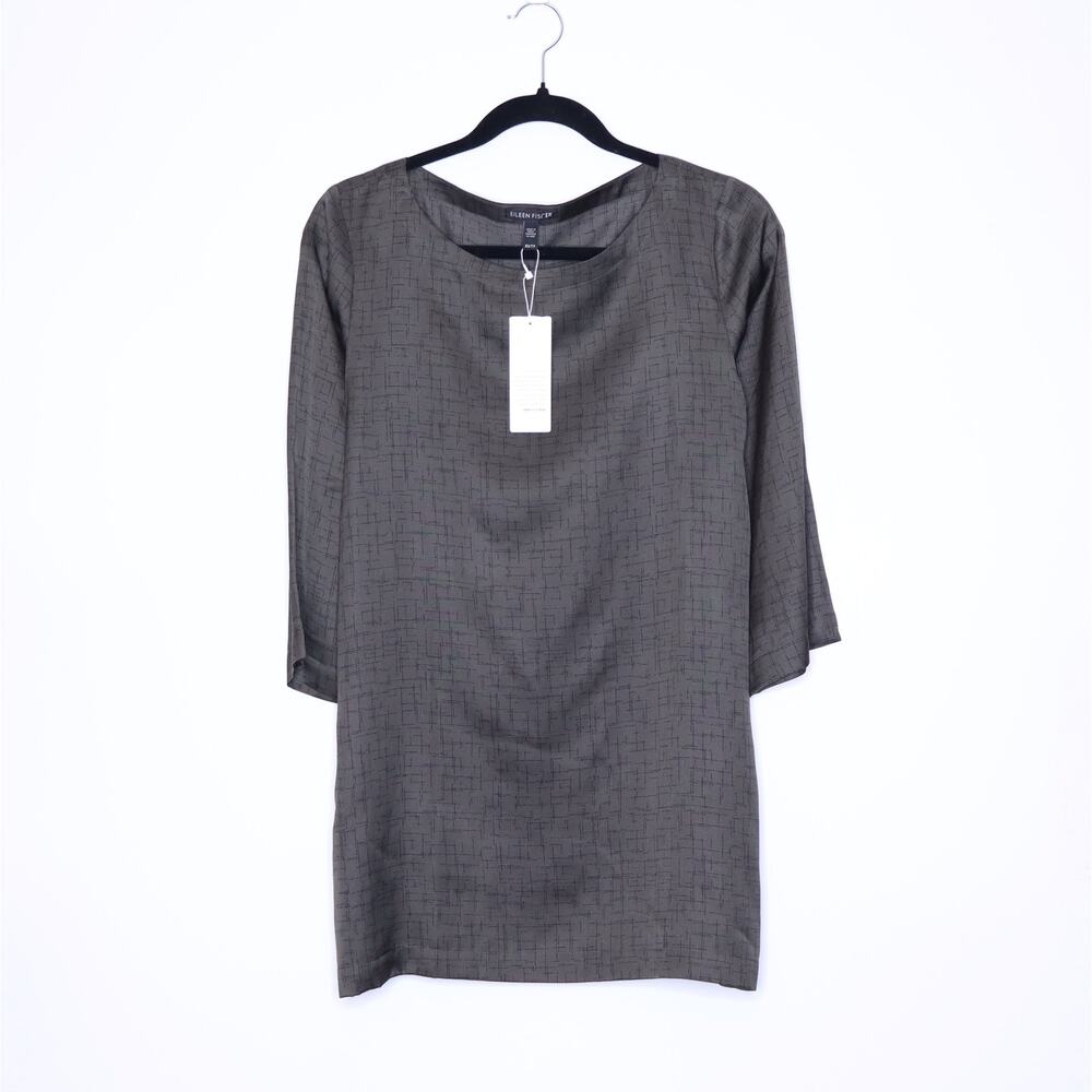 EILEEN FISHER Silk Bateau Neck Tunic Top Woodland Green Blouse Casual Women's XS